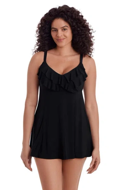 Longitude Ruffle Long Torso Swim Dress In Black