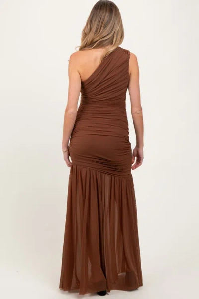 Pinkblush Ruched Mesh One Shoulder Maxi Dress In Brown