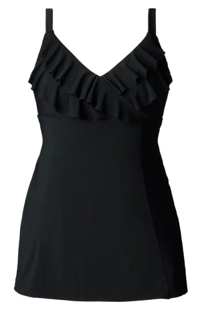 Longitude Ruffle Long Torso Swim Dress In Black