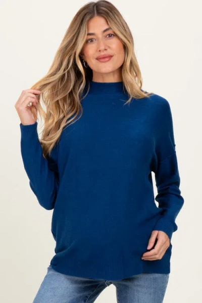 Pinkblush Mock Neck Exposed Seam Sweater In Blue
