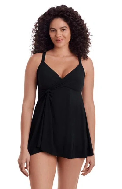 Longitude Twist Front Long Torso Swim Dress In Black