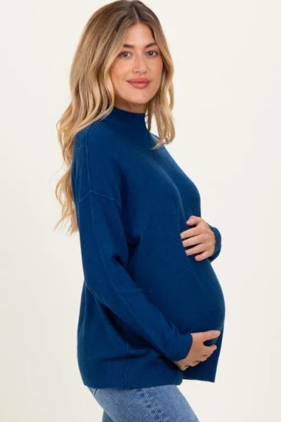 Pinkblush Mock Neck Exposed Seam Sweater In Blue