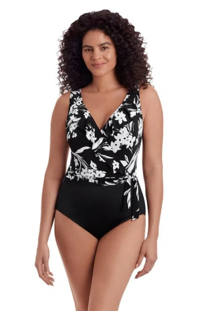 Longitude Ruffle Front Sash Surplice Long Torso One-piece Swimsuit In Black
