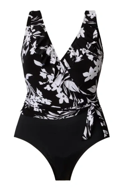 Longitude Ruffle Front Sash Surplice Long Torso One-piece Swimsuit In Black