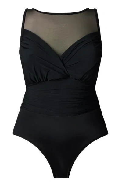 Longitude Scoopback Mesh Highneck One-piece Swimsuit In Black