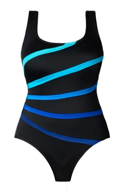 Longitude Folded Band Fan Tank Long Torso One-piece Swimsuit In Blue