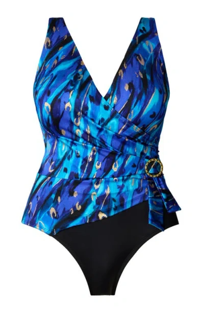 Longitude Buckle Shirred Surplice Long Torso One-piece Swimsuit In Blue