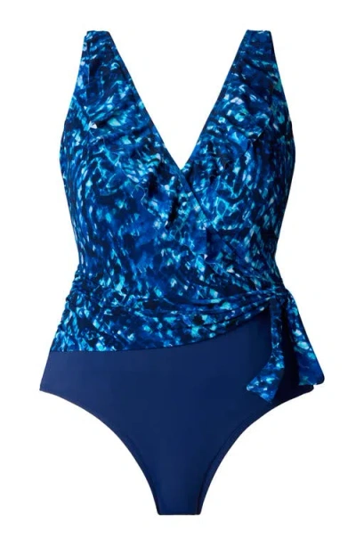 Longitude Ruffle Front Sash Surplice Long Torso One-piece Swimsuit In Blue