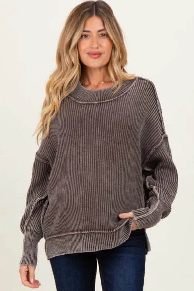 Pinkblush Washed Side Slit Oversized Sweater In Gray