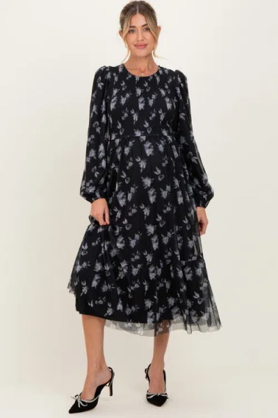 Pinkblush Floral Mesh Smocked Midi Dress In Black