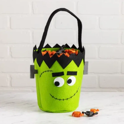 Transpac Felt Frankenstein Candy Bucket And Serving Bowl Halloween Decor In Green