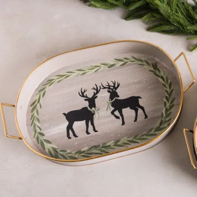 Transpac Metal Oval Deer Tray Multicolored Decorative Tabletop Tray In Brown