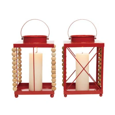 Transpac Metal Red Beaded Lantern Set Of 2 Christmas Decor In Red