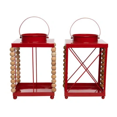 Transpac Metal Red Beaded Lantern Set Of 2 Christmas Decor In Red