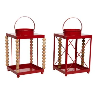 Transpac Metal Red Beaded Lantern Set Of 2 Christmas Decor In Red