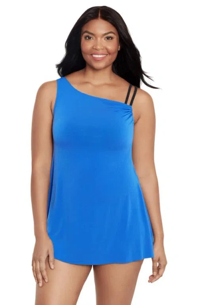 Trimshaper Brianna Adjustable Side-tie Coverage Plus Size Swimdress In Blue