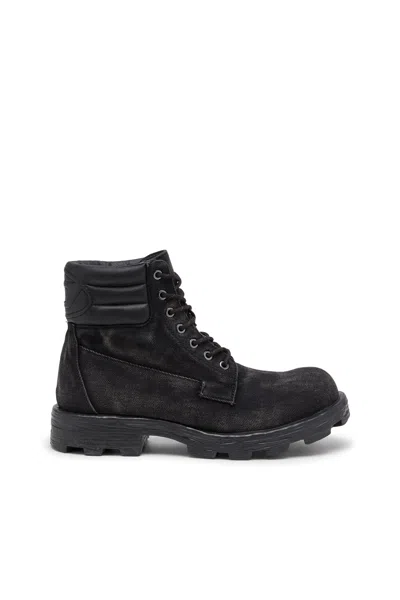 Diesel D-hammer-combat Boots In Denim And Leather In Multi