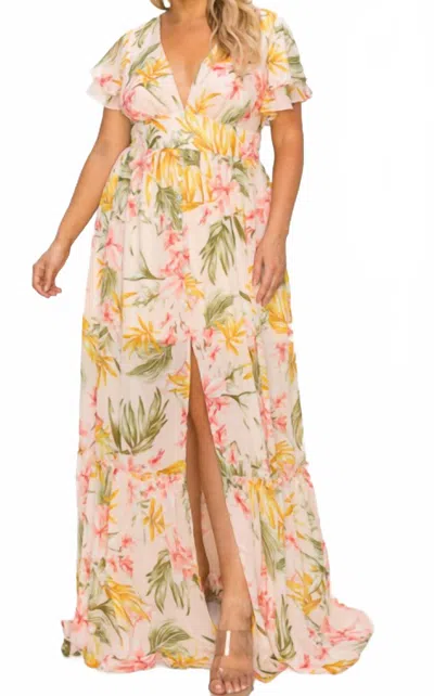 Miss Avenue Chiffon Short Sleeve Button Down Detail Maxi Dress In Peach Floral In Multi