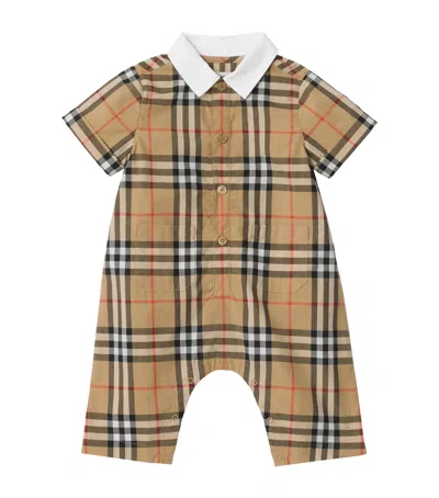 Burberry Cotton Check Playsuit In Neutral
