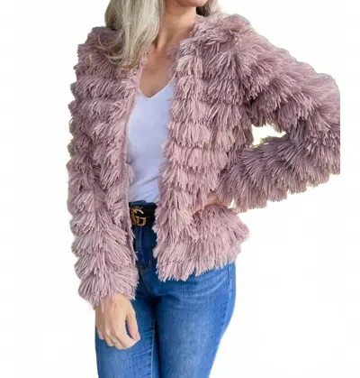 Amoli Dressy Faux Fur Fringe Open Front Jacket In Dusty Mauve In Purple