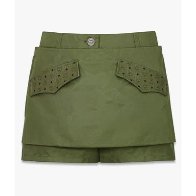 Mcm Skirt-layered Shorts In Econyl And Monogram Print Leather In Multi