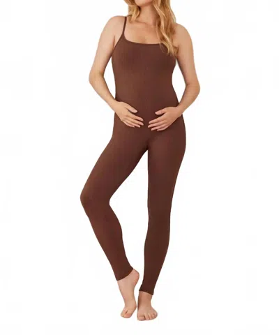 Bumpsuit Sculpting Rib Soft Maternity Unitard Jumpsuit In Brown In Brown