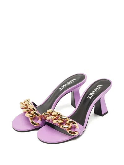 Pre-owned Versace Medusa Chain Leather Sandals In Purple