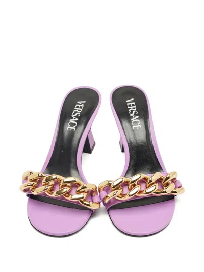Pre-owned Versace Medusa Chain Leather Sandals In Purple