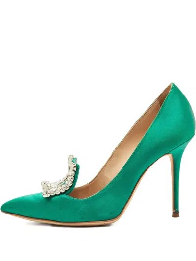 Pre-owned Manolo Blahnik Borlak Crystal Pumps In Green