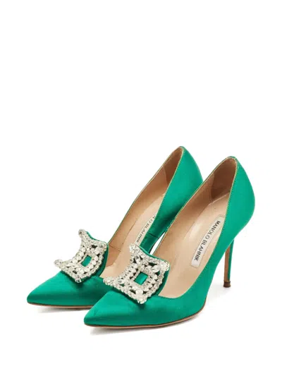 Pre-owned Manolo Blahnik Borlak Crystal Pumps In Green