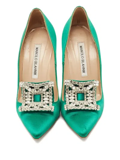 Pre-owned Manolo Blahnik Borlak Crystal Pumps In Green
