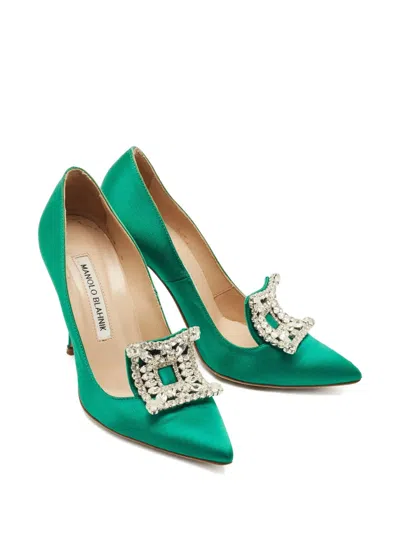 Pre-owned Manolo Blahnik Borlak Crystal Pumps In Green