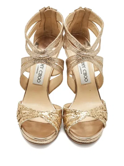 Pre-owned Jimmy Choo Glitter Strappy Sandals In Gold