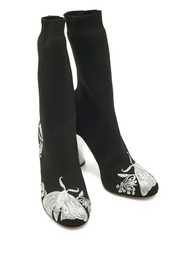 Pre-owned Alexander Mcqueen Knit Embroidered Ankle Boots 10.5 Cm In Black