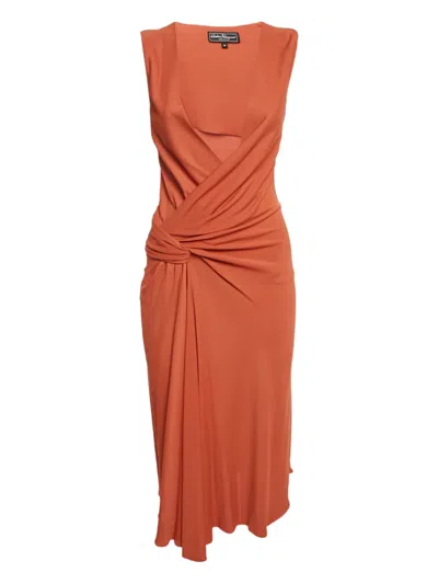 Pre-owned Ferragamo V-neck Midi Dress In Orange