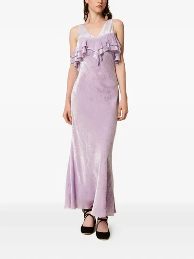 Twinset Ruffled Velvet Maxi Dress In Purple