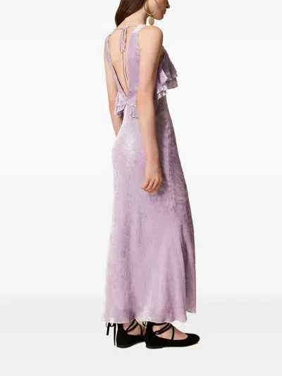 Twinset Ruffled Velvet Maxi Dress In Purple