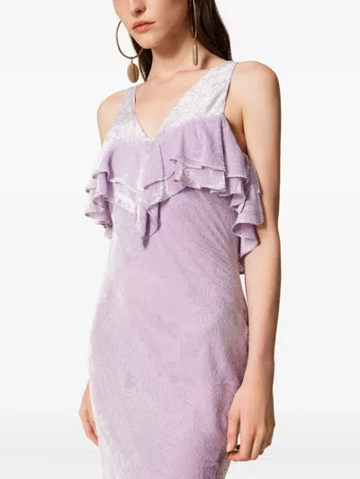 Twinset Ruffled Velvet Maxi Dress In Purple