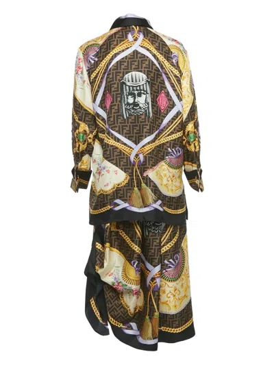 Pre-owned Fendi X Versace Silk Baroque-print Skirt And Shirt Set In Brown