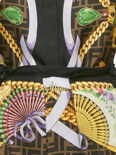 Pre-owned Fendi X Versace Silk Baroque-print Skirt And Shirt Set In Brown