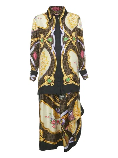 Pre-owned Fendi X Versace Silk Baroque-print Skirt And Shirt Set In Brown