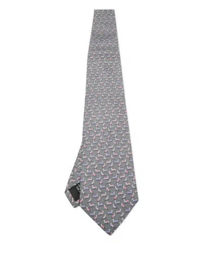 Pre-owned Ferragamo Dog-print Silk Tie In Gray