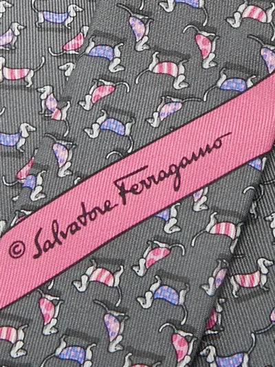 Pre-owned Ferragamo Dog-print Silk Tie In Gray