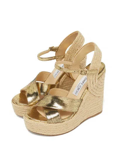 Pre-owned Jimmy Choo Foil Crisscross Espadrille Sandals In Gold