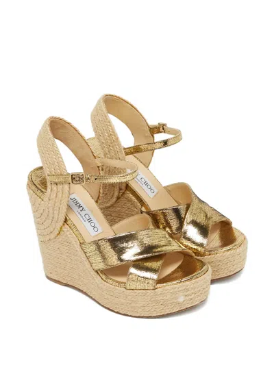 Pre-owned Jimmy Choo Foil Crisscross Espadrille Sandals In Gold