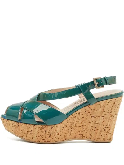 Pre-owned Ferragamo Peep-toe Wedge Sandals In Green