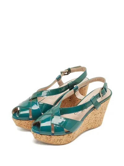 Pre-owned Ferragamo Peep-toe Wedge Sandals In Green