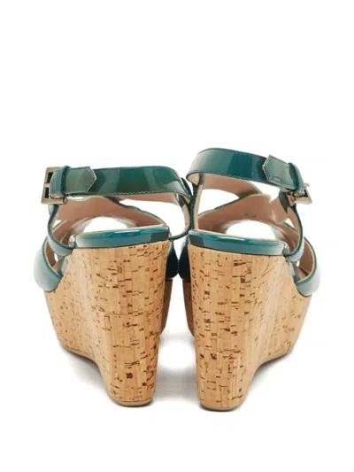 Pre-owned Ferragamo Peep-toe Wedge Sandals In Green