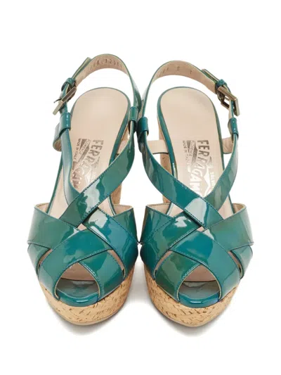 Pre-owned Ferragamo Peep-toe Wedge Sandals In Green