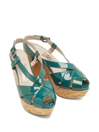 Pre-owned Ferragamo Peep-toe Wedge Sandals In Green